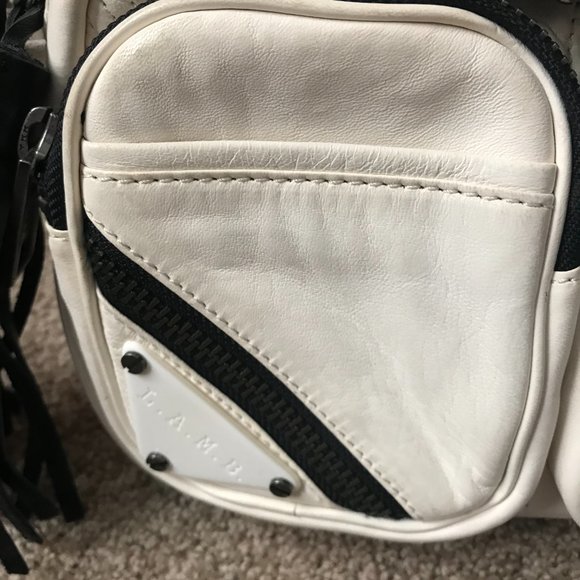 L.A.M.B. White w/Black Zippers Leather Crossbody Bag, Adjustable Strap, Dust Bag - Picture 3 of 16